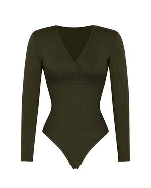 Shapellx Cozy Ribbed Chic V Neck Cut-Out Bodysuit Olive Green Size XXL New